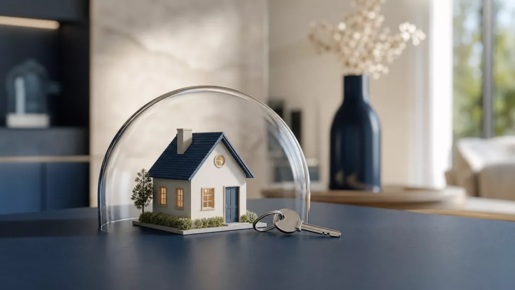 Maison protégée sous une cloche avec une clé, illustration de l’assurance emprunteur