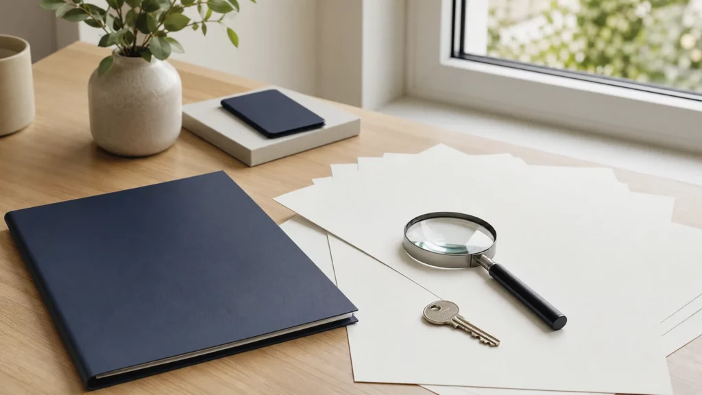 Dossier bleu, feuilles vierges, loupe et clé sur un bureau pour illustrer la comparaison d’offres de prêt immobilier