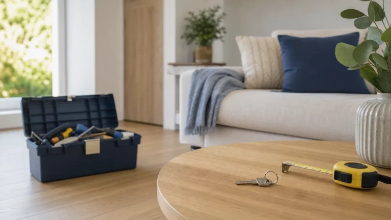 Salon rénové avec boîte à outils, mètre et clé pour illustrer la mise à jour d’une assurance habitation