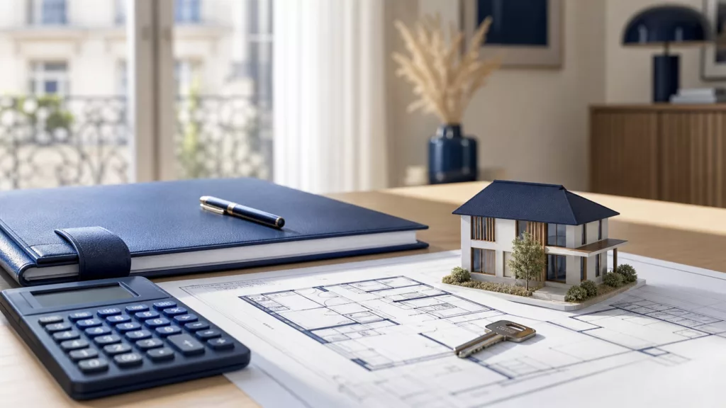 Maison, plans, calculatrice et clé pour préparer un dossier de prêt immobilier