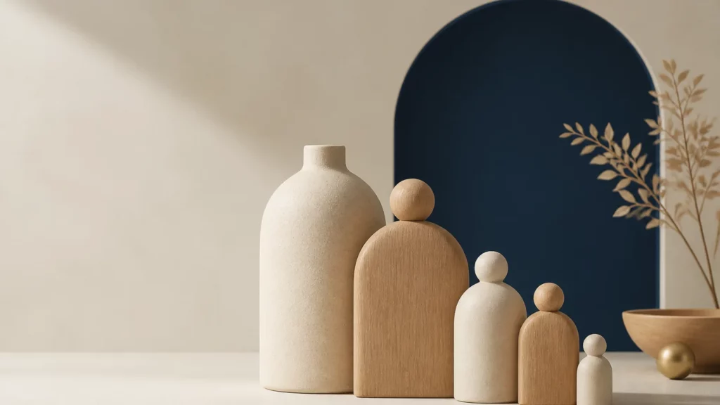 Illustration abstraite de formes en bois et céramique évoquant une transmission patrimoniale organisée