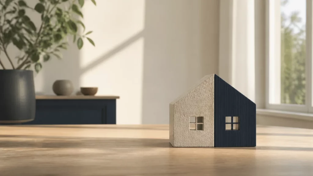 Maquette de maison bicolore sur une table en bois, symbole du démembrement de propriété