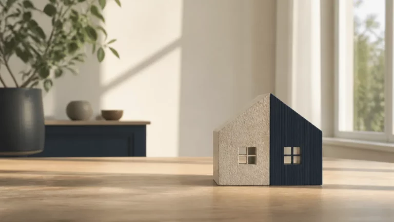Maquette de maison bicolore sur une table en bois, symbole du démembrement de propriété