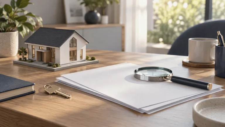 Maquette de maison, loupe, clé et documents vierges sur un bureau en bois lumineux