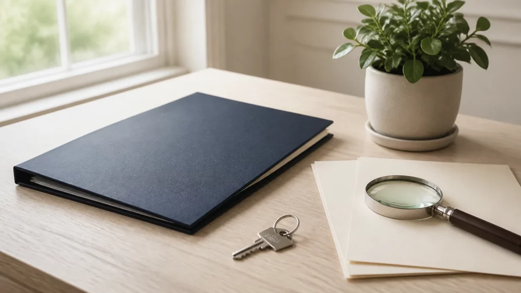 Dossier bleu, feuilles vierges, loupe, clé et plante sur un bureau pour illustrer l’épargne en assurance-vie