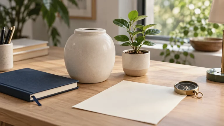 Bureau lumineux avec pot d’épargne, plante et boussole pour illustrer la préparation de la retraite