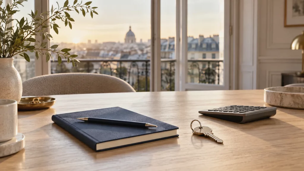 Table de travail avec clés, carnet et calculatrice pour préparer un financement immobilier
