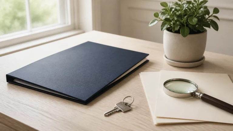 Dossier bleu, feuilles vierges, loupe, clé et plante sur un bureau pour illustrer l’épargne en assurance-vie